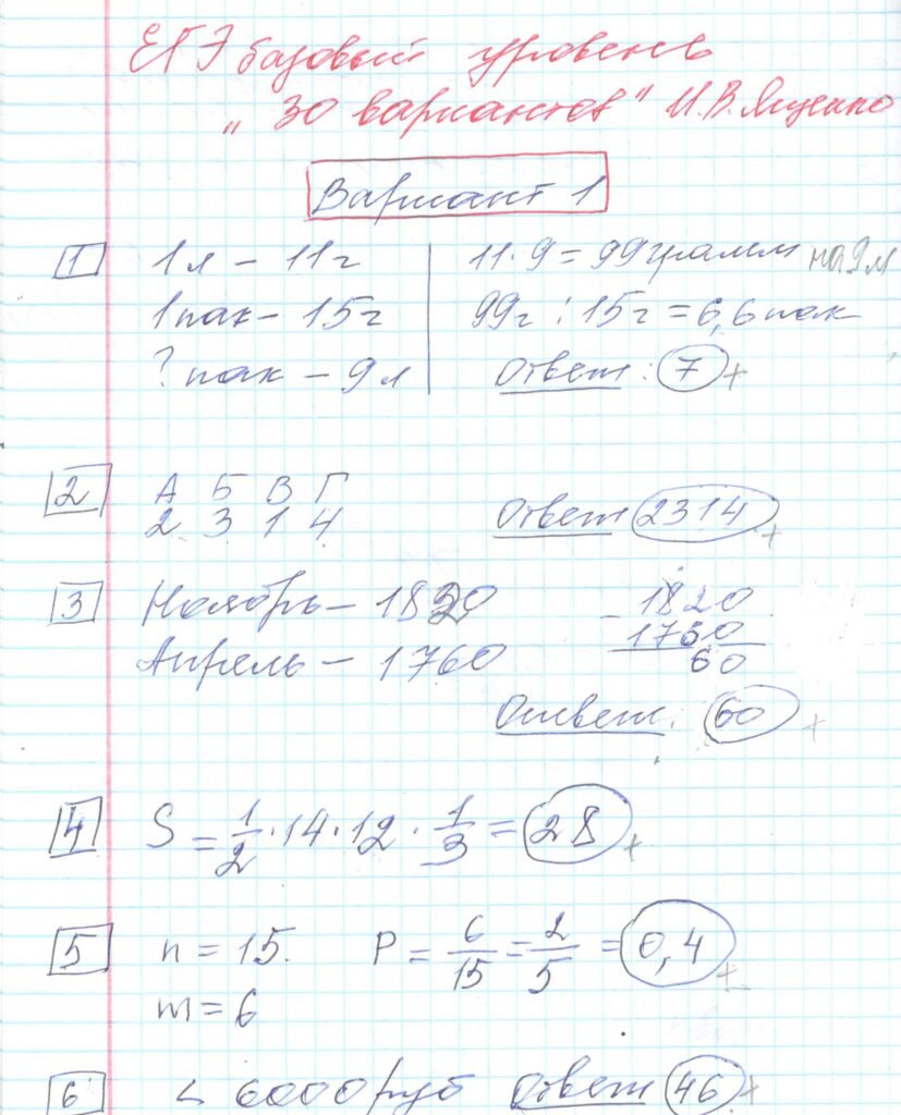 Решение заданий 1-6 варианта №1 ЕГЭ Математика Ященко 30 вариантов базовый уровень